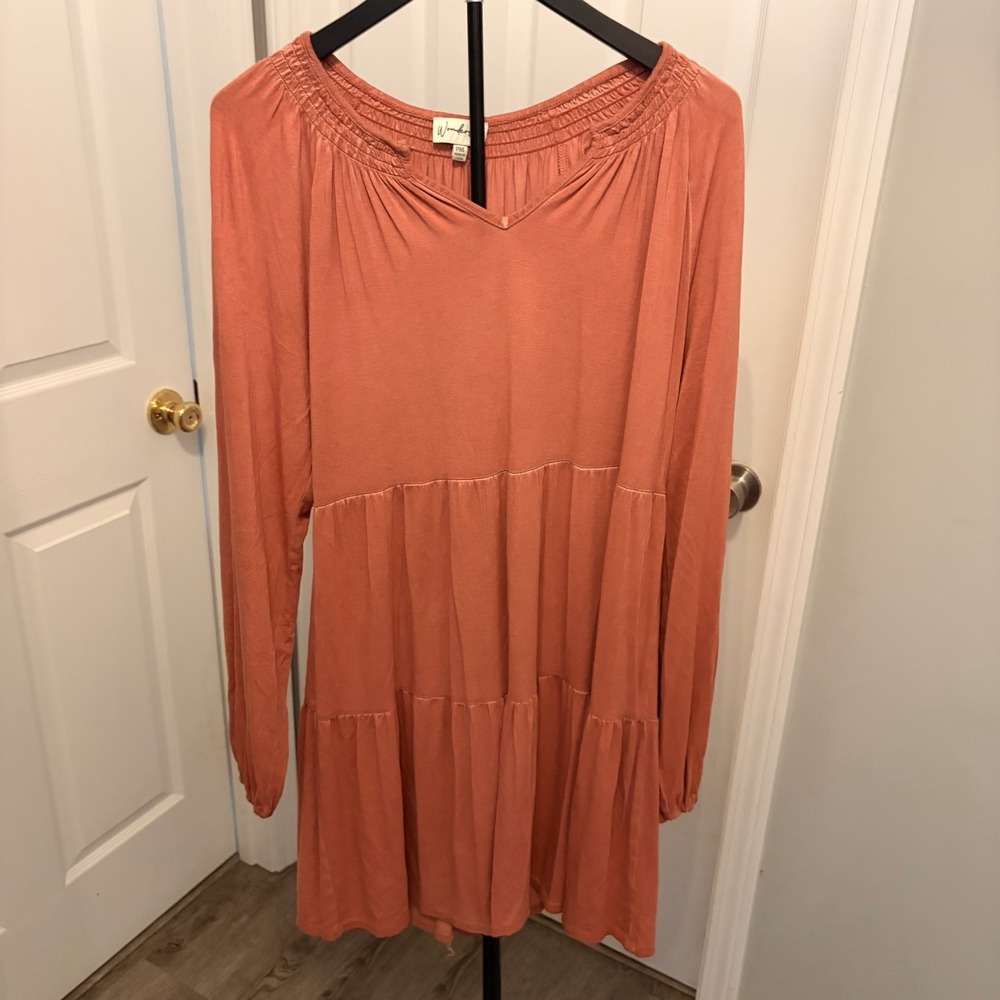 Wonderly Orange Tiered Peasant Dress PM Smocked V-Neck Boho Long Sleeve Boho EUC